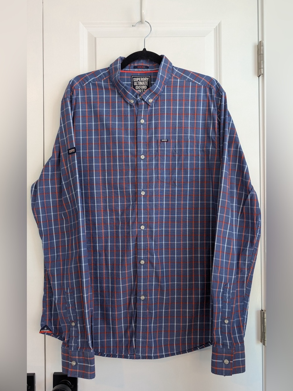 SUPERDRY Men’s Ultimate University Oxford Long Sleeve Shirt Blue Plaid Size XXL
